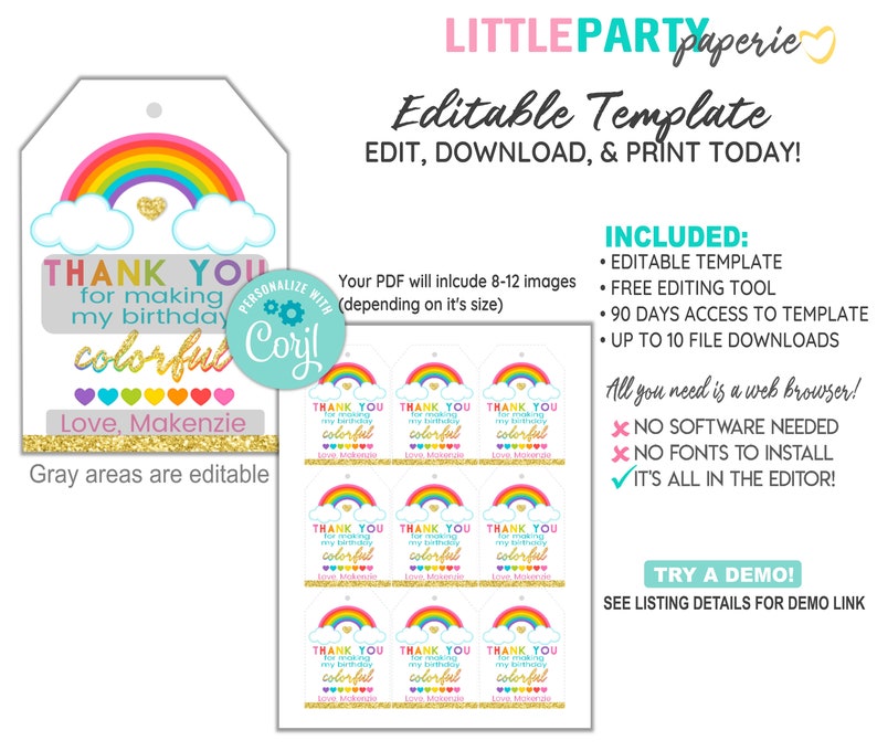 EDITABLE RAINBOW Favor Tags, Rainbow Thank You Tags, Rainbow Tags, Rainbows and Hearts, CORJL Template, Design 19016C image 2