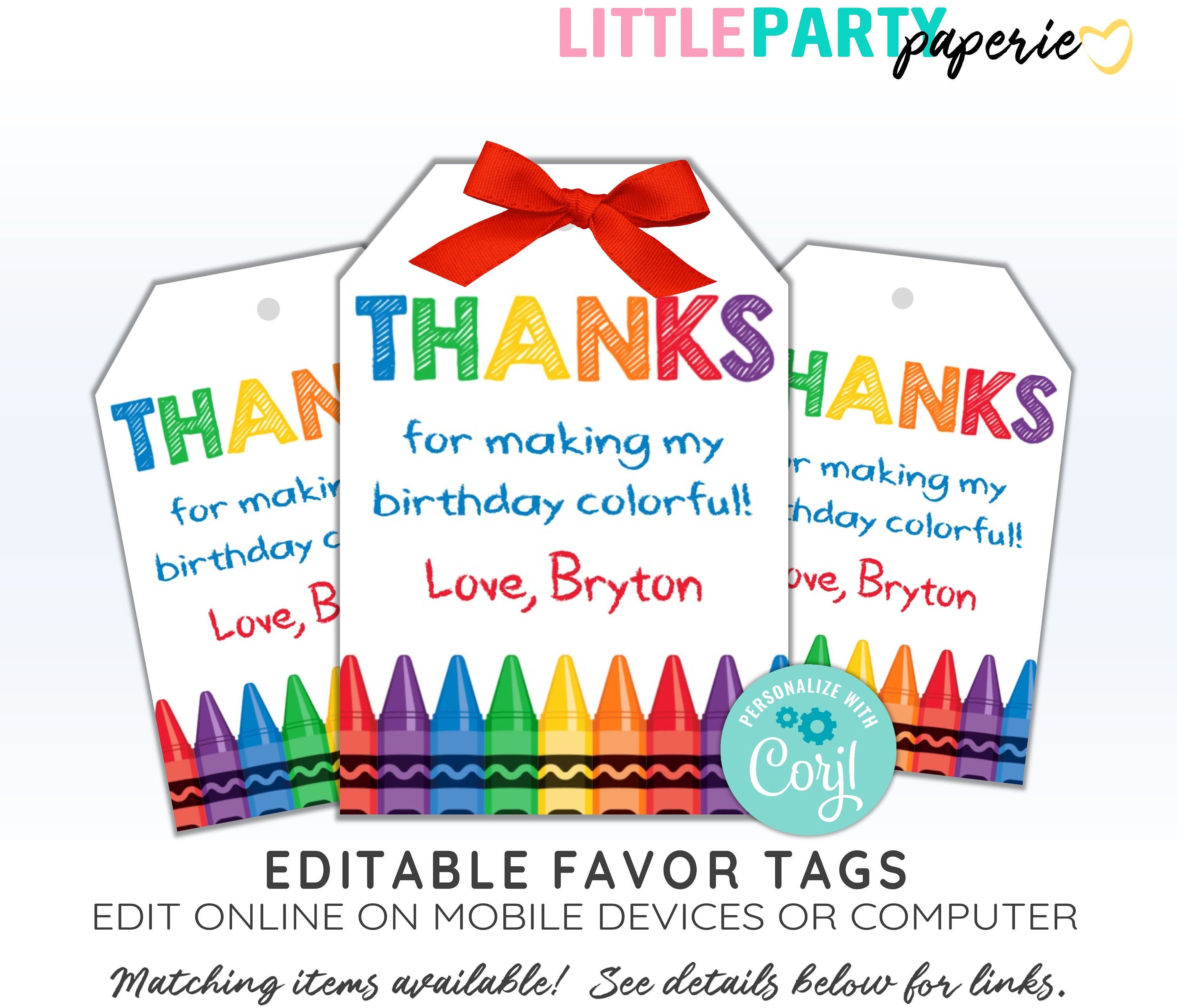 Editable CRAYON Favor Tags, Crayon Thank You Tags, Editable Crayon ...