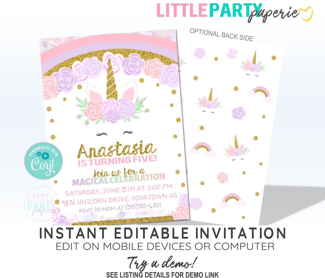 EDITABLE Unicorn Birthday Invitation Template, Magical Unicorn ...