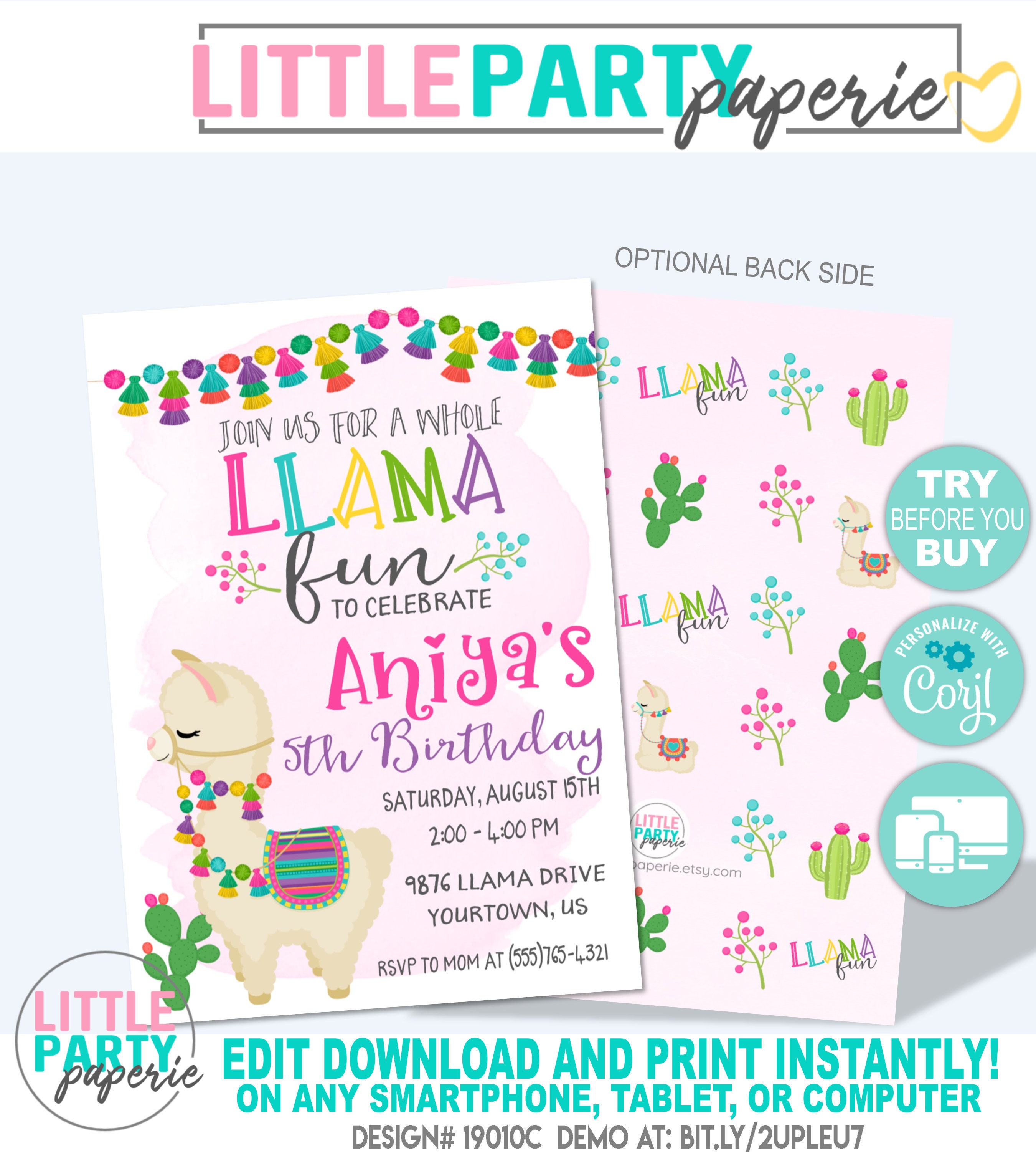 EDITABLE Llama Birthday Invitation Template, Whole Llama Fun, Cactus, Alpaca, Fiesta, EDITABLE Invitation, CORJL Template, Design 19010C