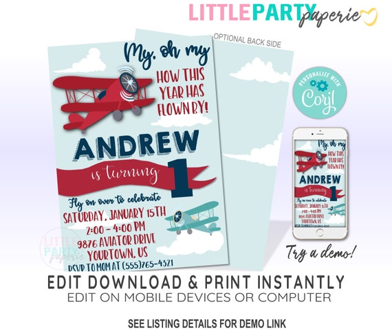 EDITABLE Airplane Birthday Invitation Template, Airplane Invitation, Vintage Airplane, CORJL Template, Design 19014C Il_570xn