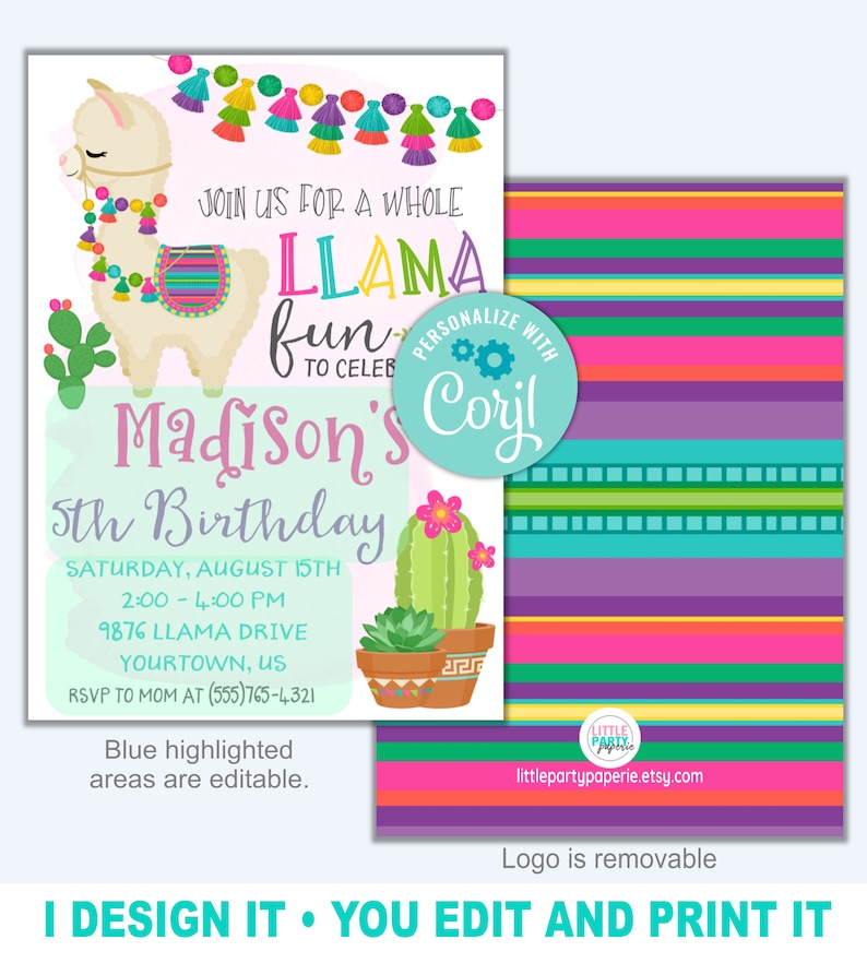 Whole Llama Fun CORJL Template EDITABLE Invitation Cactus Fiesta Design 19011C EDITABLE Llama Birthday Invitation Template Alpaca