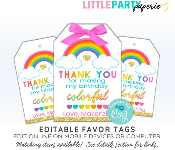 EDITABLE RAINBOW Favor Tags, Rainbow Thank You Tags, Rainbow Tags, Rainbows and Hearts, CORJL Template, Design 19016C Il_570xn