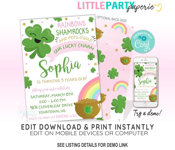 EDITABLE St. Patrick's Birthday Invitation Template, Lucky Charm Birthday Invitation, St. Patrick's Day, CORJL Template, Design 20008C Il_570xn
