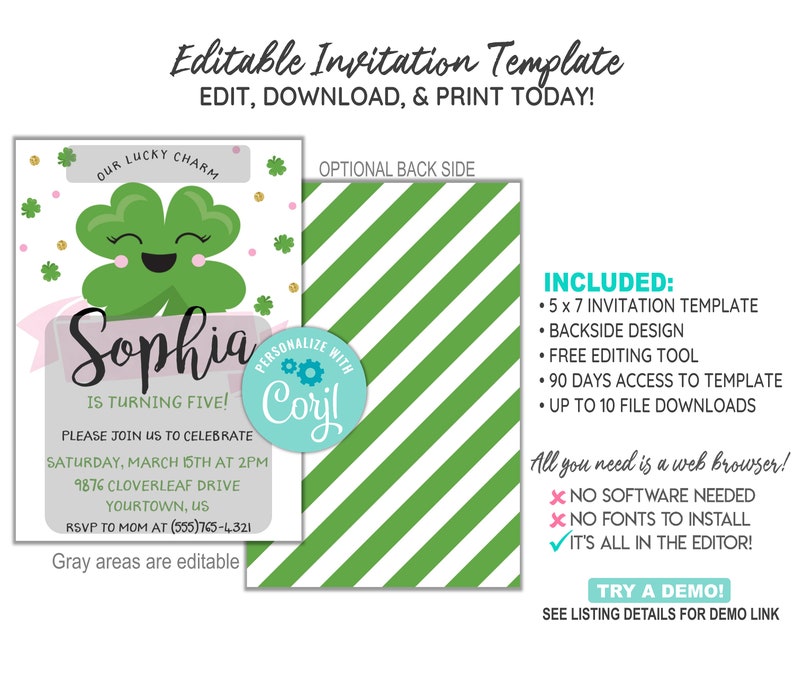 EDITABLE St. Patrick's Birthday Invitation Template, Lucky Charm Birthday Invitation, St. Patrick's Day, CORJL Template, Design 20010C image 2