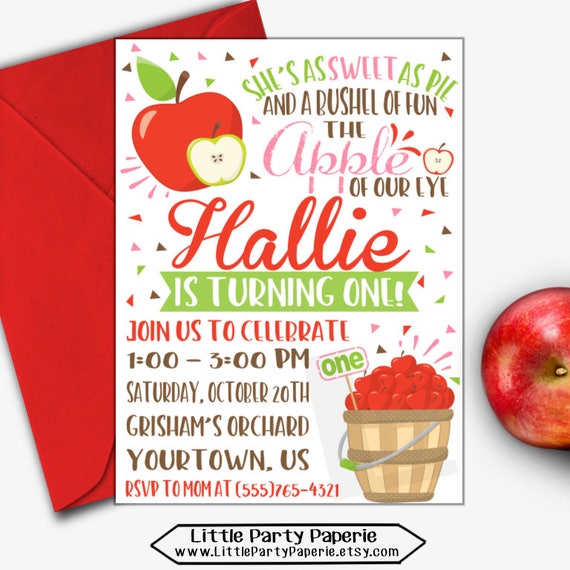 Apple Birthday Invitation Apple Party Invitation Apple Etsy