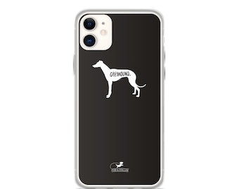 May include: A black phone case with a white silhouette of a Greyhound dog and the text "Greyhound." The case also has the text "Fur & Collar" in white.