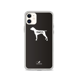 May include: A black phone case with a white silhouette of a pointer dog and the text "POINTER." The case also has a small white logo that says "FUR & COLLAR."