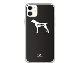 May include: A black phone case with a white silhouette of a pointer dog and the text "POINTER." The case also has a small white logo that says "FUR & COLLAR."