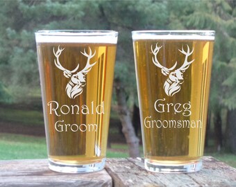 Deer Groomsman Pint Glass, Groomsman Gift, Personalized Pint Glass, Engraved Beer Glass, Custom Groomsman Gift, Wedding Party Glasses 16 oz