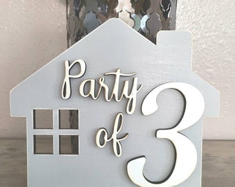 Party of 4 Family Sign, Party of 3, 4, 5, House Shaped Wood Sign, Farmhouse Decor, Party of 4, New Homeowners, Pregnancy Reveal, Gray Sign