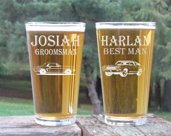 Groomsman Pint Glass Chevelle and Mustang Groomsman Gift Personalized Pint Glass Engraved Beer Glass Groomsman Gift Wedding Party Glasses