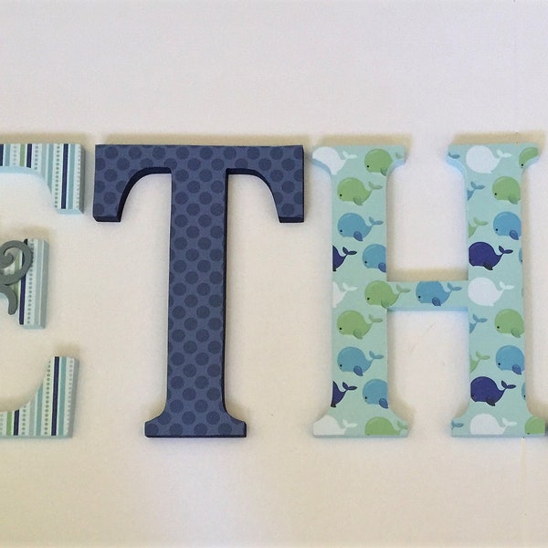 Wood Letters-Nursery Decor-Navy Blue, Baby Blue, Green Whale, Nautical Themed-Price Per Letter-Custom made -Other Colors available