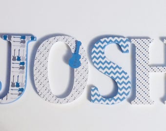 Wood Letters-Nursery Decor-Blue & Grey guitar Rockstar Themed Price Per Letter-Custom made -Many other designs available