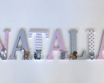 Woodland Nursery Decor Letters: Pink & Gray Animals, Custom Name