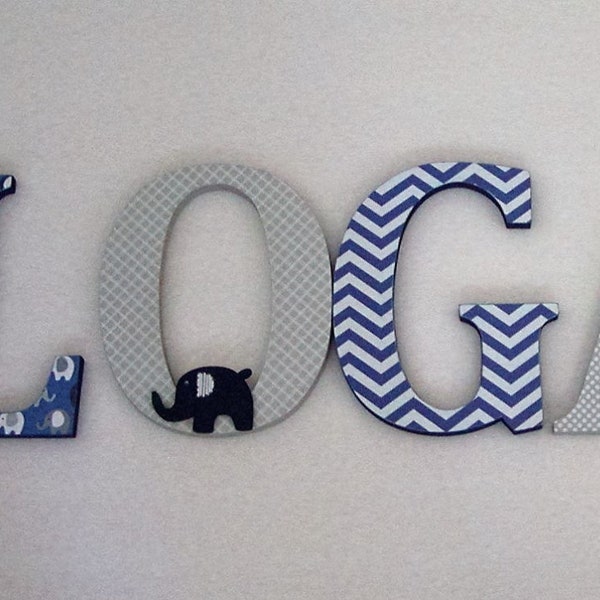 Wood Letters-Nursery Decor- Navy Blue & Grey Elephant theme- Price Per Letter-Custom made -Other Colors available