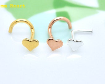 4mm Heart Nose Stud, Tiny Silver Nose Ring, Nose Screw, Flat Nose Pin, Plain Nose Jewelry, Minimalist, Gold, Rose Gold Plated 1 piece