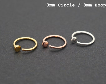 Sterling Silver Open Piercing Hoop Ring for Nose Ear Cartilage Helix Lip Piercing with 3mm Circle Disc Dot, 20g, 18g, 8mm, Gold, Rose Gold