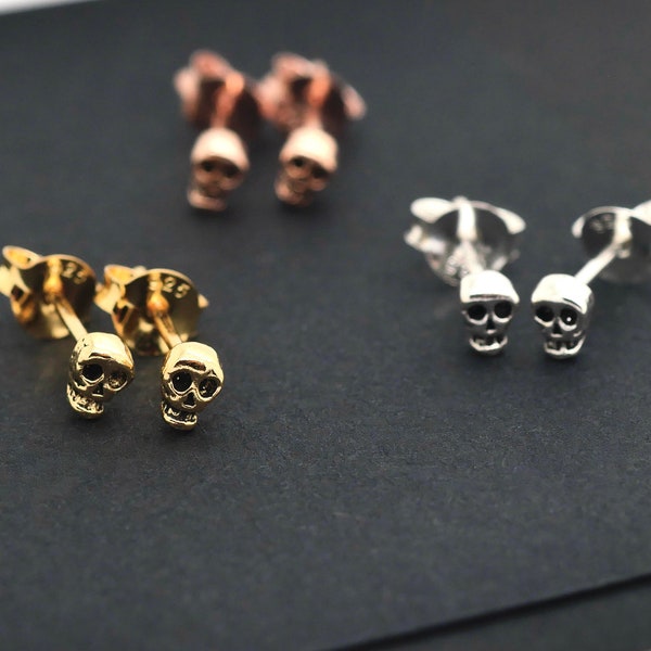 3D Skull Earrings, Stud Earrings, Silver Ear Stud, Cartilage Stud, Helix, Tragus, Gold, Rose Gold, Tiny Small Sugar Skull, sold in Pair