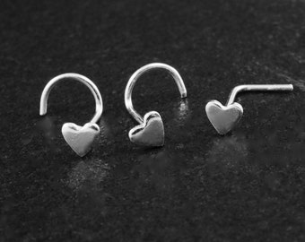 Tiny Heart Nose Stud, Plain Nose Ring, Nose Screw, Plain Silver Nose Jewelry, 925 Sterling Silver, 3mm, 1 piece