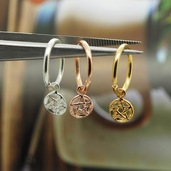 Dangle Hoop Earring Pentagram, Pentacle, Star, Piercing Endless Hoop, Twist Hoop, Simple, Plain, Minimalist Silver Hoop, Gold Hoop, 1 PIECE