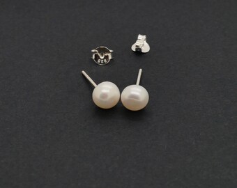 Freshwater Pearl Stud  Earrings, Sterling Silver Earrings, Cartilage Ear Stud, Round Shape, Ear Stud, Vintage, 5/16" (8mm), Sold in Pair