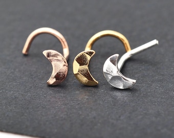 Moon Nose Stud, Celestial Nose Screw, Unique Silver Gold Rose Gold Nose Ring, Nose Jewelry, 18g 20g 22g, Flat Hammered Nose Stud Piercing