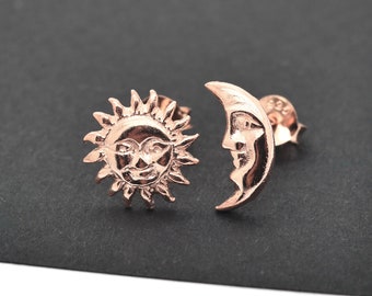 Moon and Sun Earrings, Silver Ear Stud in Rose Gold Plated, Mismatched Cartilage Ear Stud, Crescent, Star, Celestial, Boho, Bohemian, 1 Pair