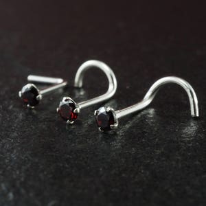 Garnet Nose Stud, Black Diamond Nose, Red CZ Nose Ring, Silver Nose Screw, 22g 20g 18g Nose Stud, 2.5mm Crystal Stone, Nostril Piercing