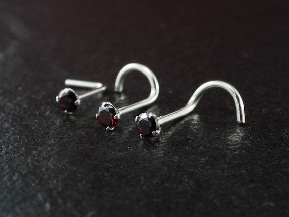 Garnet Nose Stud Black Diamond Nose Red CZ Nose Ring Silver