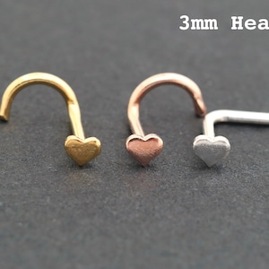 Herz Nasenstecker, kleiner Silber Nasenring, Nasenschraube, 3mm, flache Nase Bolzen, 22g 20g 18g Nase Piercing, Silber, Gold, Rose Gold Nasenschmuck