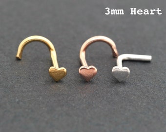 Herz Nasenstecker, kleiner Silber Nasenring, Nasenschraube, 3mm, flache Nase Bolzen, 22g 20g 18g Nase Piercing, Silber, Gold, Rose Gold Nasenschmuck