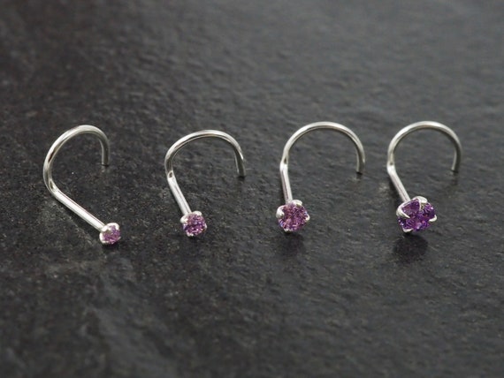 Curved Nose Stud Screw Solid 925 Sterling Silver Amethyst Crystal 0.6mm New