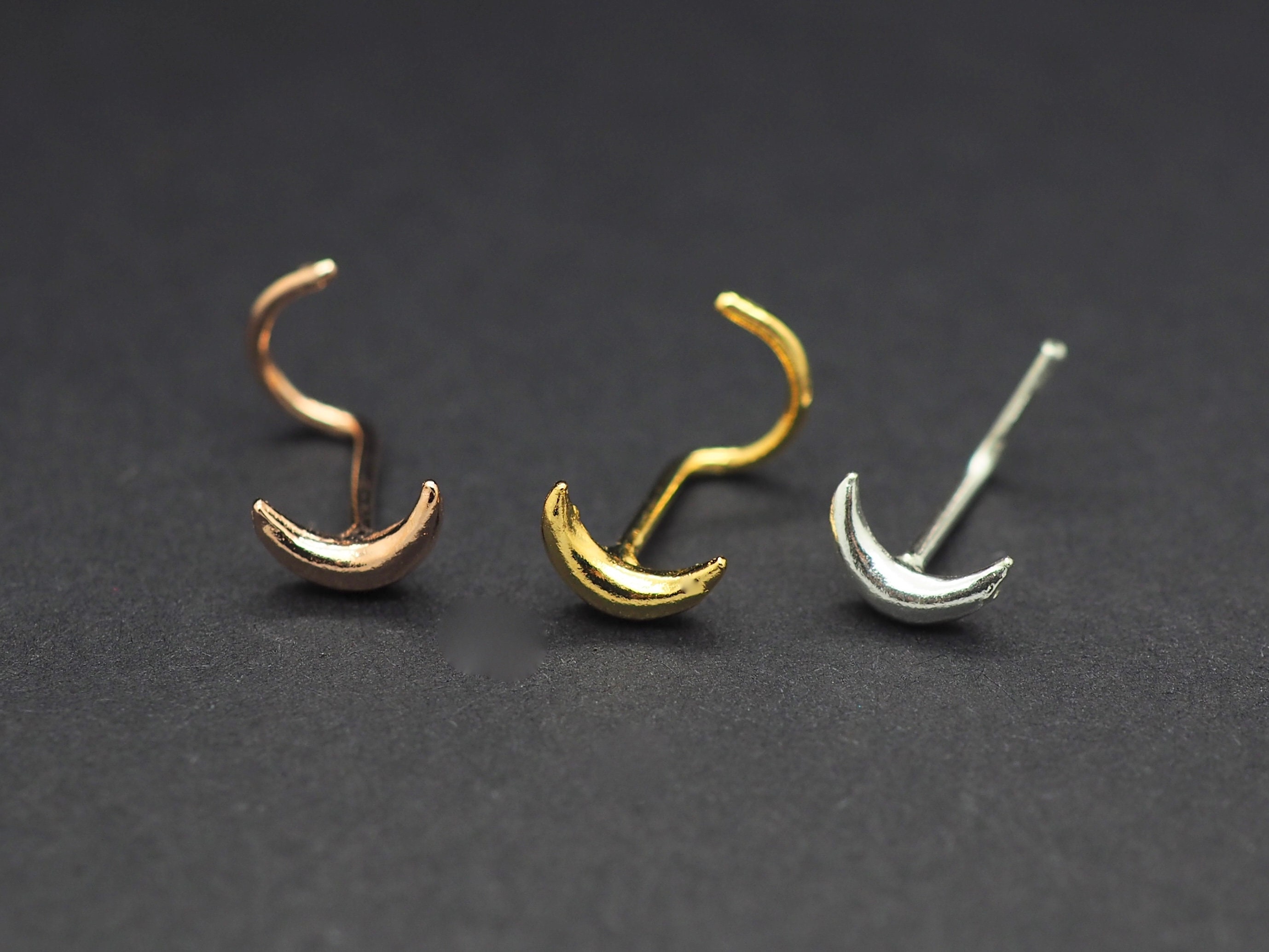 Nose Screw or L Bend Crescent Moon 22G or 20G Stud 18k Solid Yellow Gold Nose Ring 