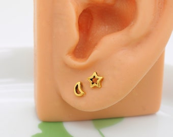 Star and Moon Earrings, Tiny Small Ear Stud, Sterling Silver Cartilage Stud, Gold, Rose Gold, Minimalist, Simple, Plain, Sold in Pair
