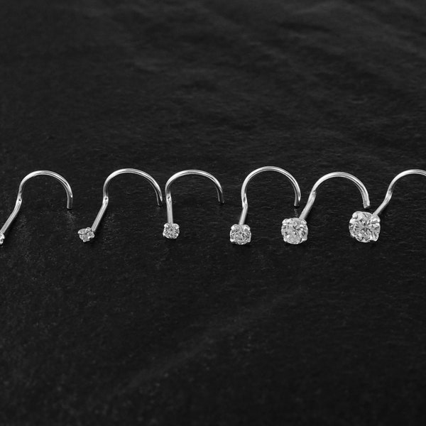 CZ Diamond Nose Stud Nose Screw Nose Ring Piercing Sterling Silver Clear White Stone, 1mm 1.25mm 1.5mm 2mm 2.5mm 3mm Small Micro Tiny Mini