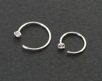 2mm CZ Diamond Nose Hoop, 22g Nose Ring, Hoop Earring, Huggie Open Twist Piercing Hoop, Cartilage Silver Skinny Hoop, Thin, Small, 1 PIECE