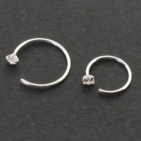 2mm CZ Diamond Nose Hoop, 22g Nose Ring, Hoop Earring, Huggie Open Twist Piercing Hoop, Cartilage Silver Skinny Hoop, Thin, Small, 1 PIECE