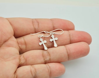 Silver Cross Earring, Tiny, Small, Plain Drop Dangle Dangling Hook Earrings For Women Teen Girls Gothic Cross