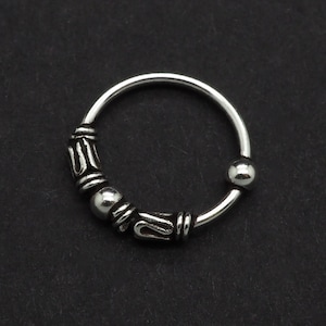 Nose Hoop Nose Ring Hoop Earrings, Cartilage Sterling Silver Small Bali Ethnic Tribal Bead Hoop Black Piercing Ring 22g (0.6mm), 5/16&quot; (8mm)