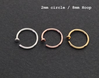 Nose Hoop, Lip Ring, Ear Hoop, Cartilage Hoop, Silver Open Piercing Hoop, Helix, with 2mm Circle Disc Dot, 20g, 18g, 8mm, Gold, Rose Gold