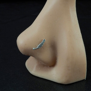 20gauge (0,8mm) Sterling Silver Nose Ring Nose Stud L Shape Tiny Feather 3/8 &quot;(10mm) Long