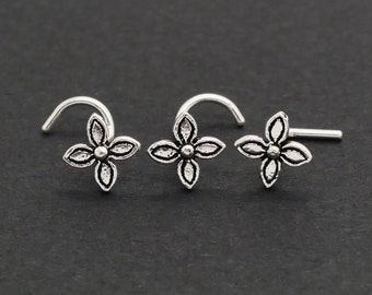 Flower Nose Stud, Unique Nose Ring, 22g 2g 18g Nose Ring, 4 Petal Flower Nose Screw, Silver Nose Pin, Silver Nose Jewelry, 5mm, 1 piece