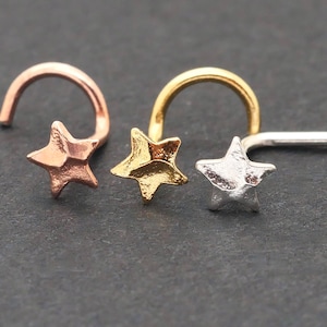 Star Nose Stud, Hammered Nose Ring, Flat, Silver Nose Jewelry, Unique Gold Rose Gold Nose Ring, Piercing 18g 20g 22g, Small Plain 4mm Star