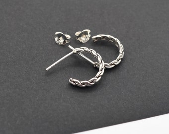 Half Hoop Earrings, Huggie Hoop Ear Stud, Silver Small Hoop, Rope, Lace, Men Ear Stud, Women Earrings, Hippie, Boho, Punk, Rock Sold in Pair
