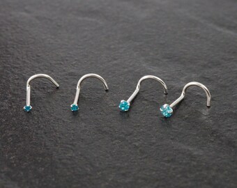 Silver Nose Stud, CZ Diamond Nose Ring, Nose Screw, Crystal Nose Stud, Aquamarine Nose Stud, 20g Nose Pin, 22g Nose Pin, Simple Nose Ring