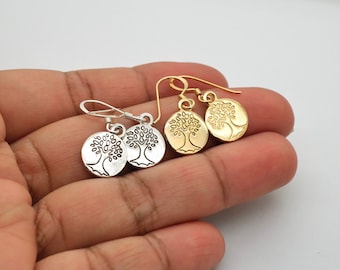 Circle Disc Earrings, Silver, Gold Plated Round Plate, Small Drop Dangle Dangling Earrings, Life Tree Earrings, 10mm Circle Coin