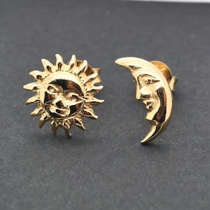 Mond und Sonne Ohrringe, Mismatched Ohrstecker, Knorpel Ohrstecker, vergoldete 925 Sterling Silber Ohrstecker, Halbmond, Stern, himmlischer Schmuck, 1 Paar