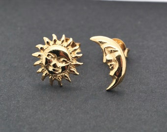 Pendientes de luna y sol, perno no coincidente, perno de cartílago, perno de oreja de plata de ley 925 chapado en oro, media luna, estrella, joyería celestial, 1 par