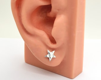 Star Ear Stud, Sterling Silver Earrings, Hammered Earrings, Cartilage, Minimalist, Simple, Plain, 8mm Flat Star, Men, Women, Girl, Kids
